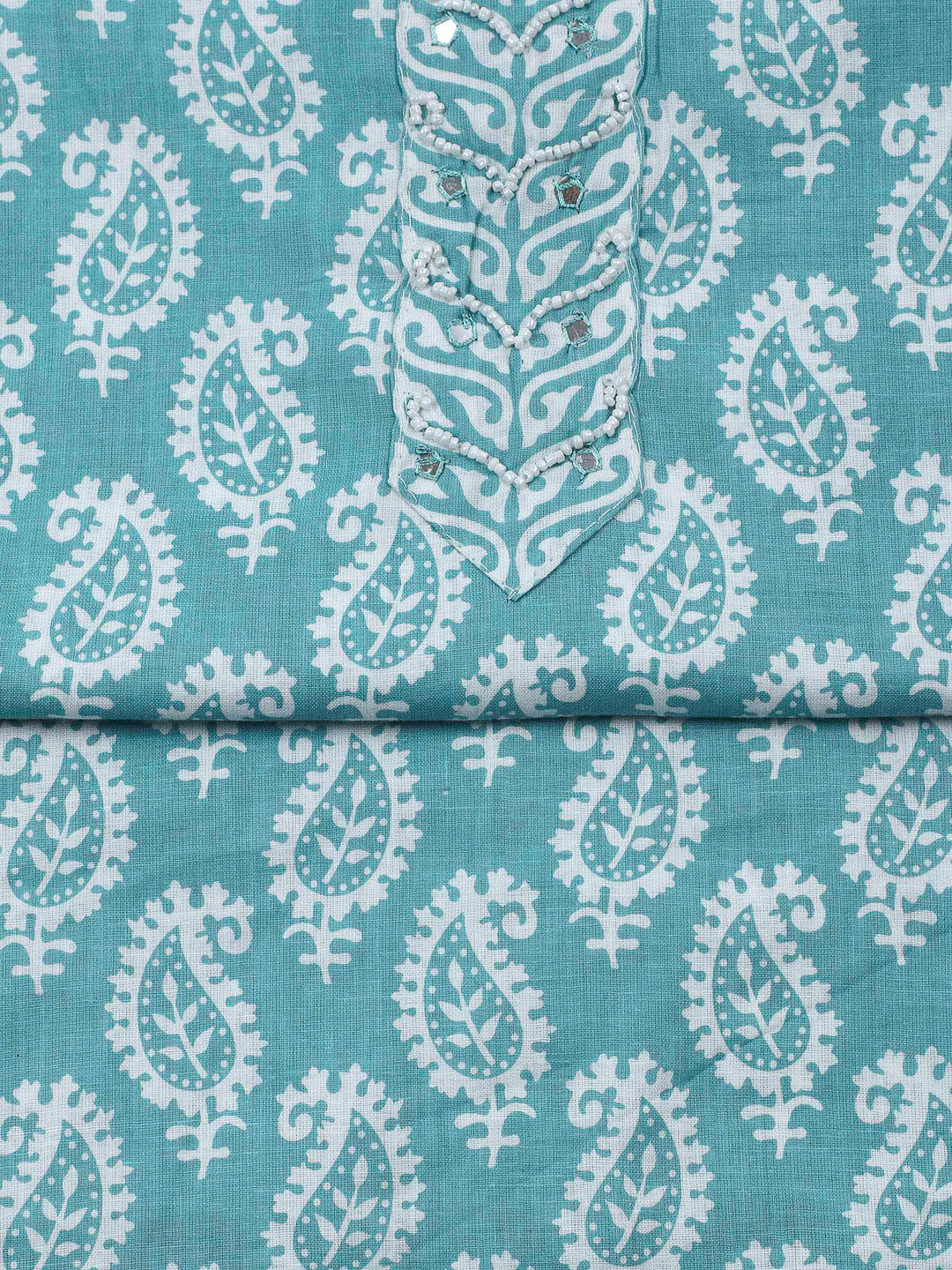 Sea Green Printed Cotton Blend Unstitched Dress Material