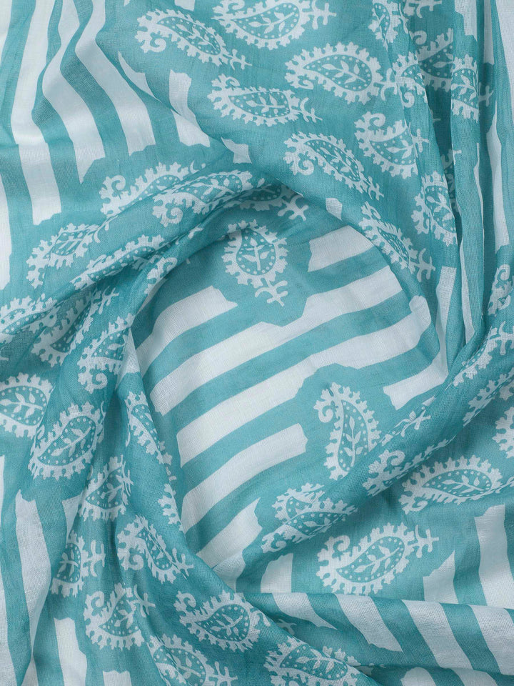 Sea Green Printed Cotton Blend Unstitched Dress Material