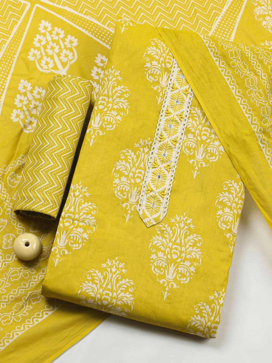 Mustard Printed Cotton Blend Unstitched Dress Material