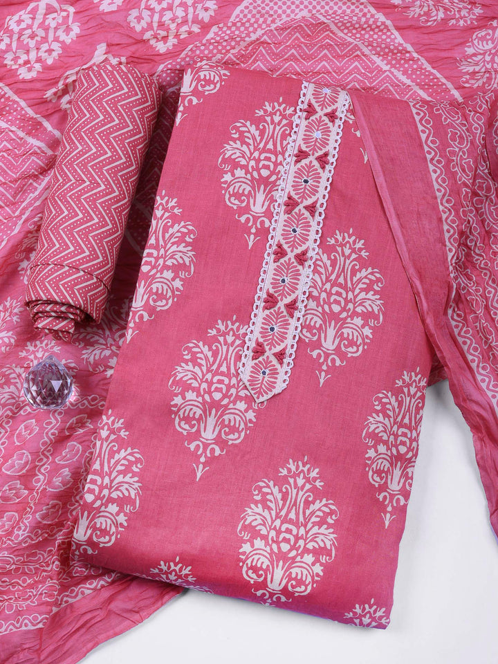 Onion Pink Printed Cotton Blend Unstitched Dress Material