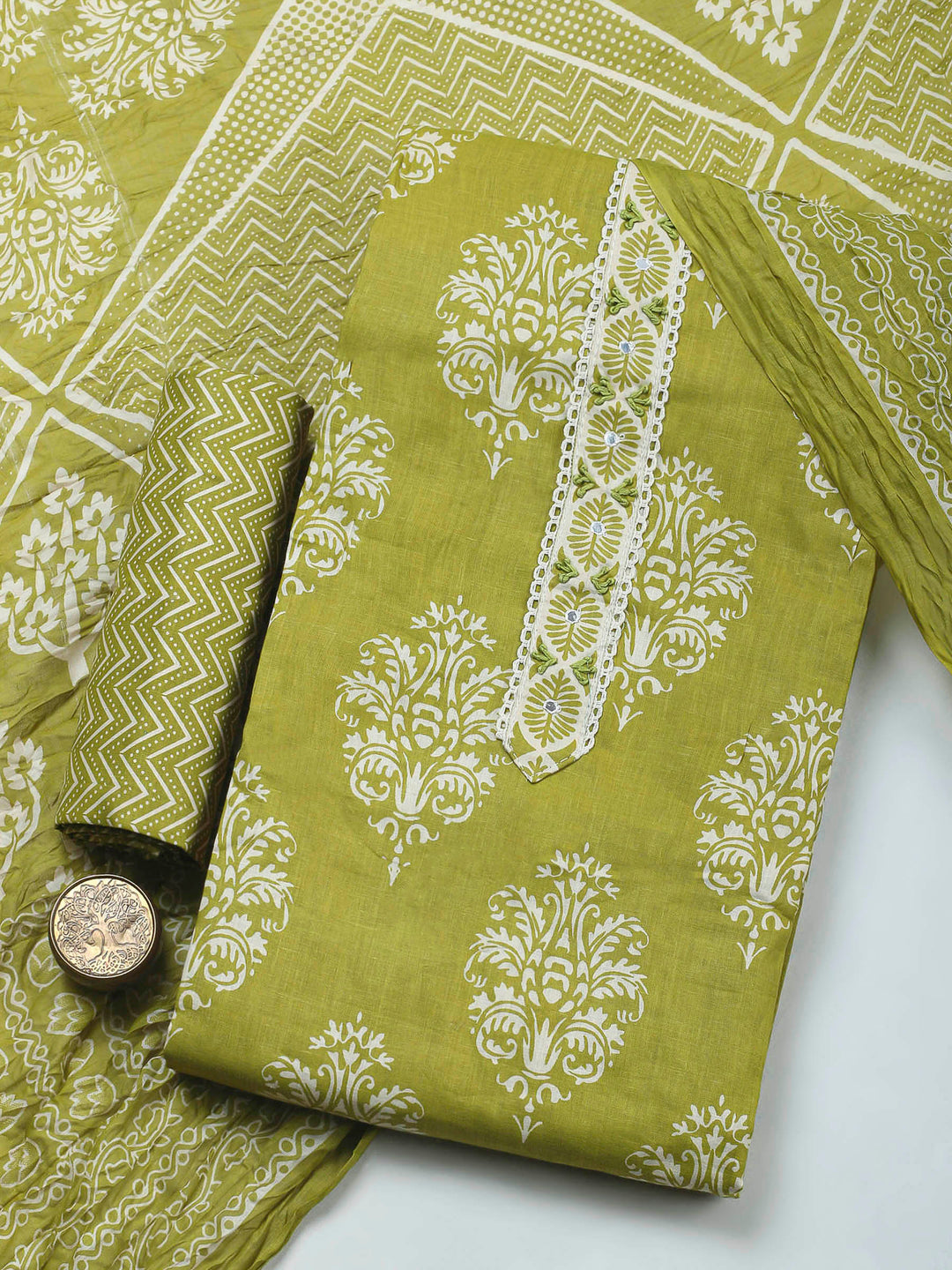 Pista Green Printed Cotton Blend Unstitched Dress Material