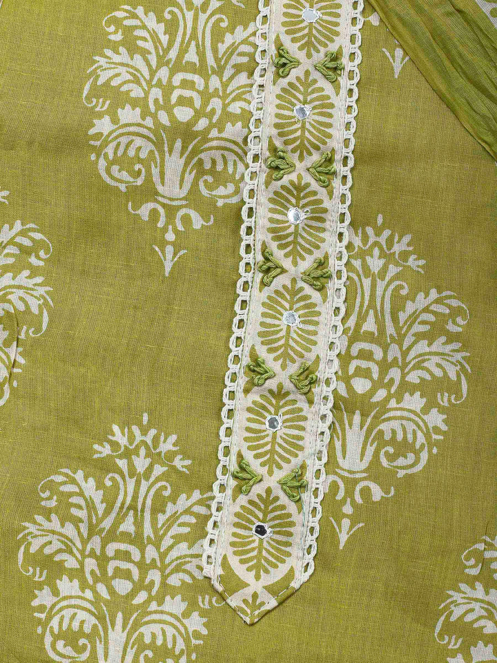 Pista Green Printed Cotton Blend Unstitched Dress Material