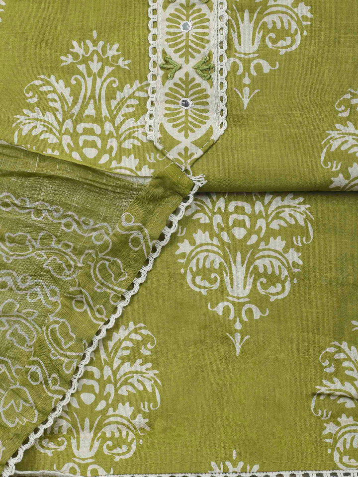 Pista Green Printed Cotton Blend Unstitched Dress Material