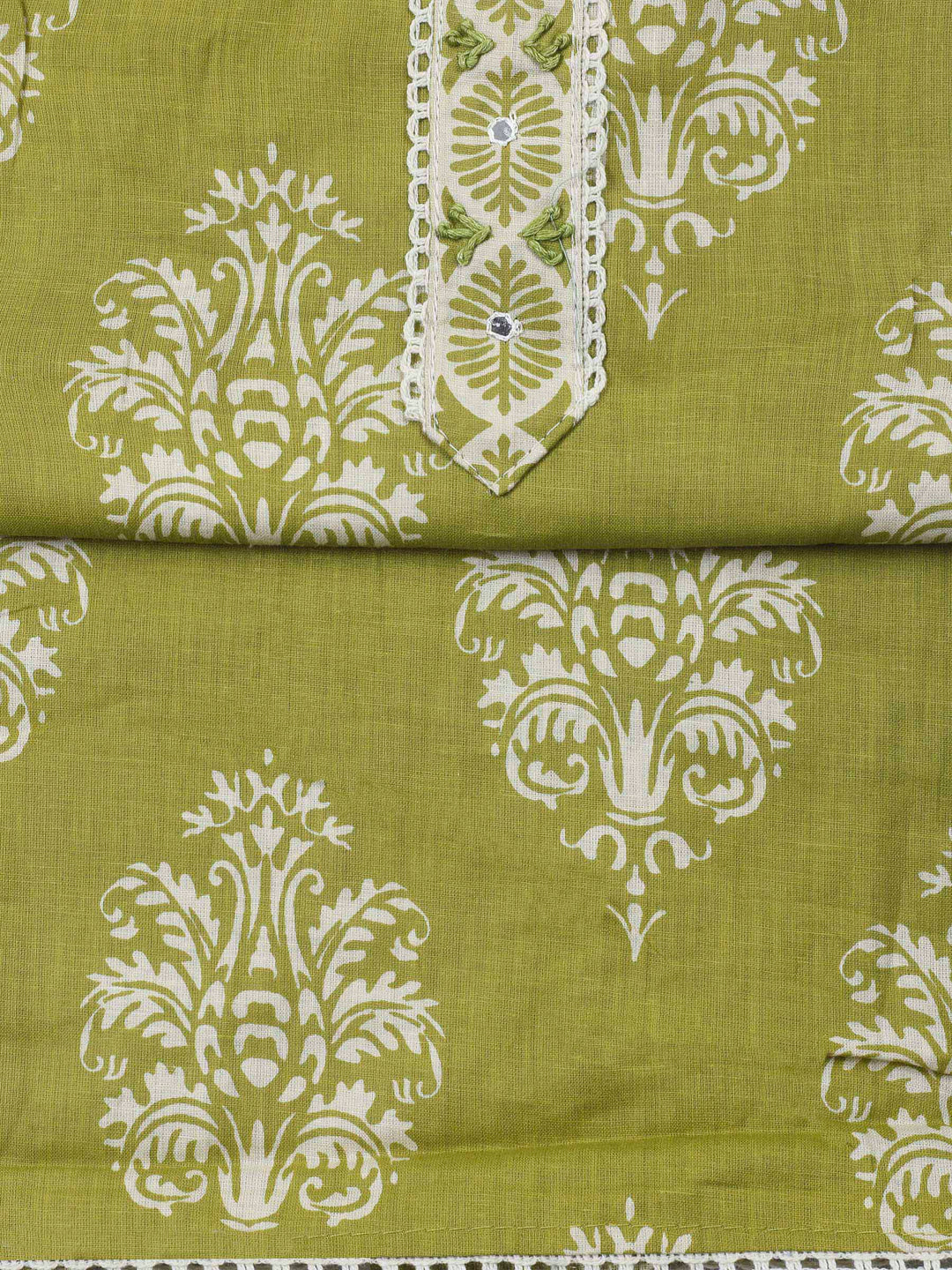 Pista Green Printed Cotton Blend Unstitched Dress Material