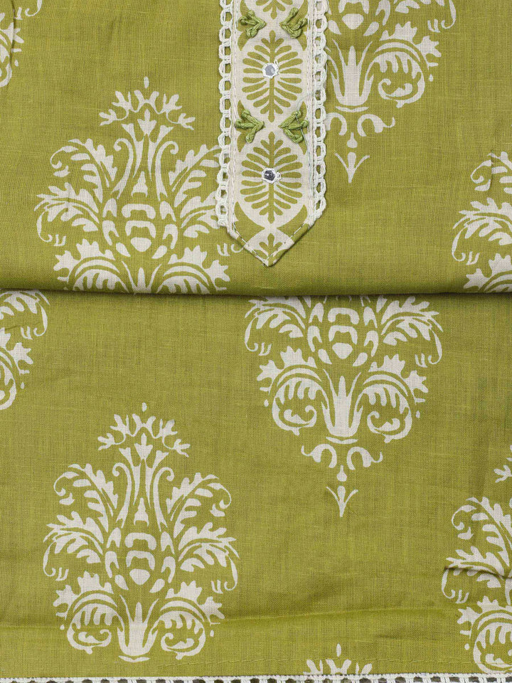 Pista Green Printed Cotton Blend Unstitched Dress Material