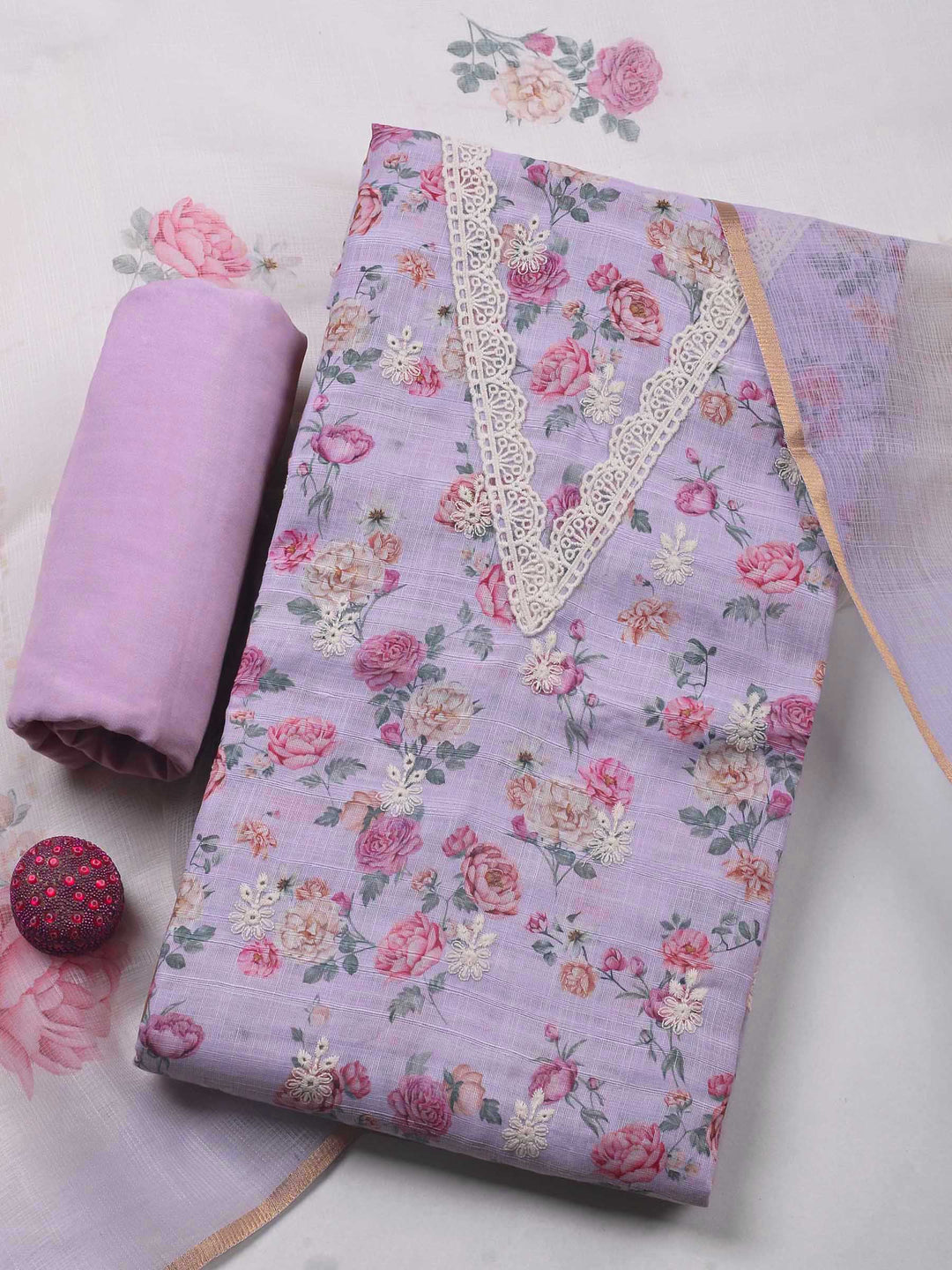 Lavender Embroidery Linen Unstitched Dress Material