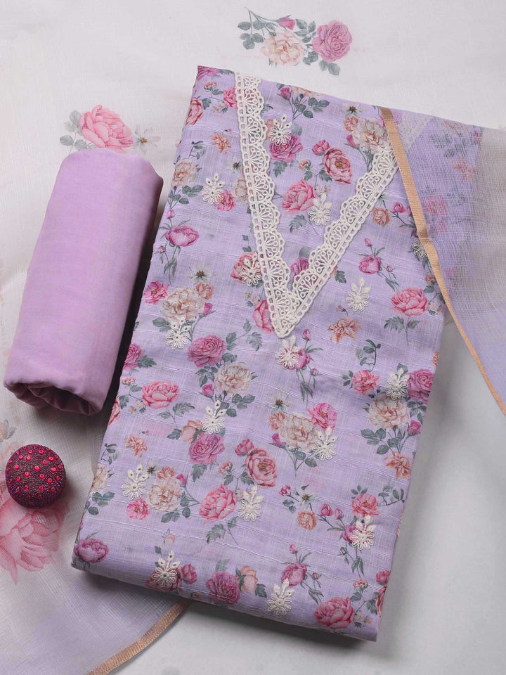 Lavender Embroidery Linen Unstitched Dress Material