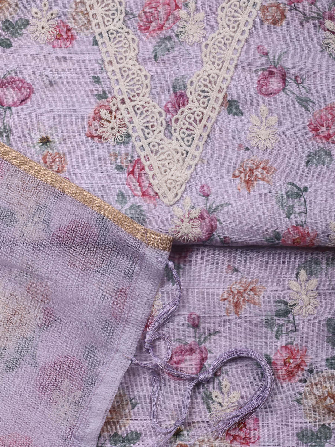 Lavender Embroidery Linen Unstitched Dress Material