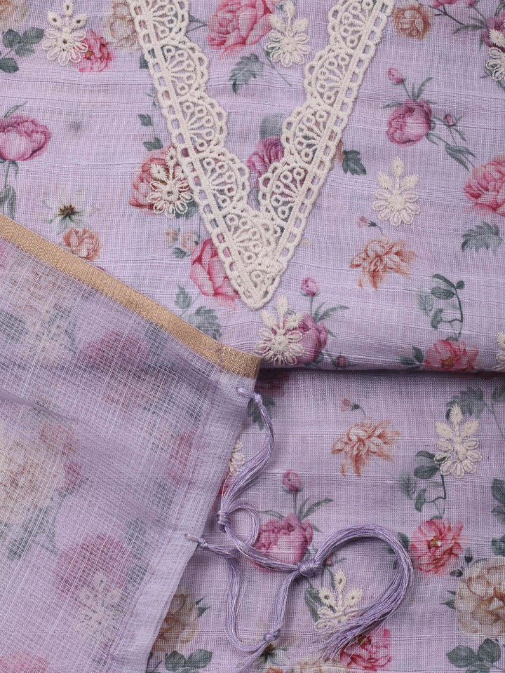Lavender Embroidery Linen Unstitched Dress Material