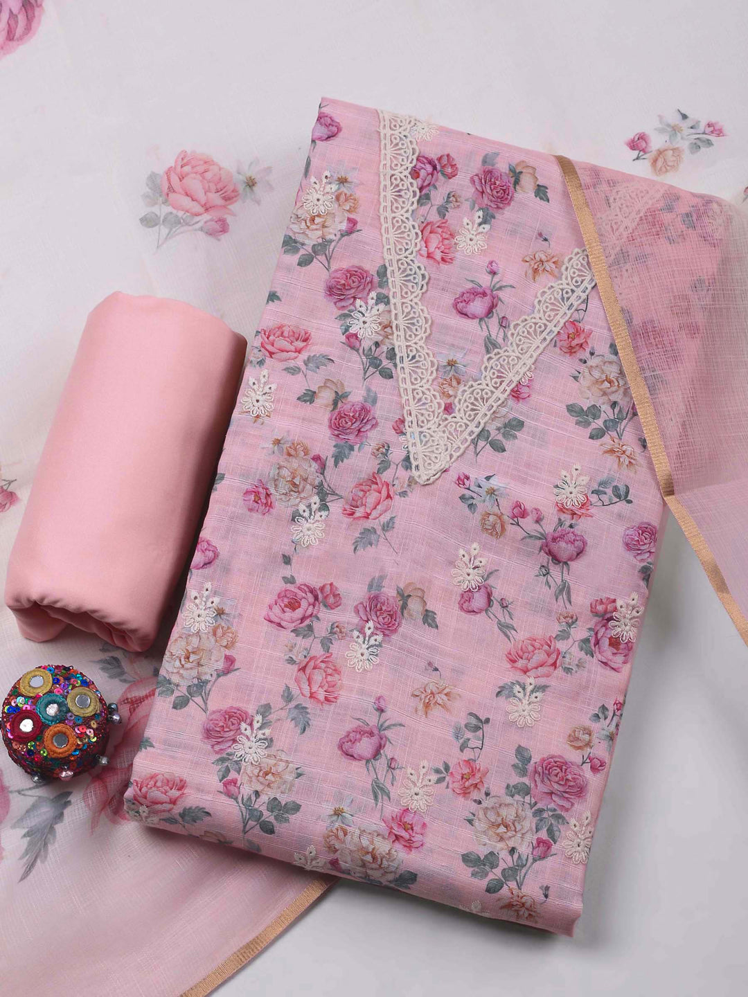 Pink Embroidery Linen Unstitched Dress Material