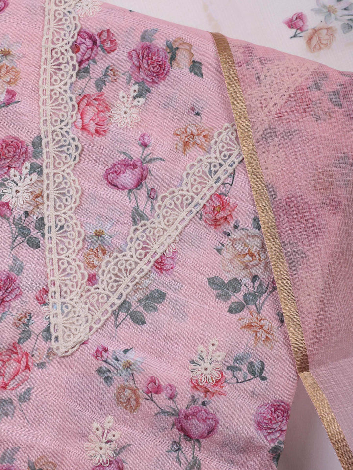 Pink Embroidery Linen Unstitched Dress Material