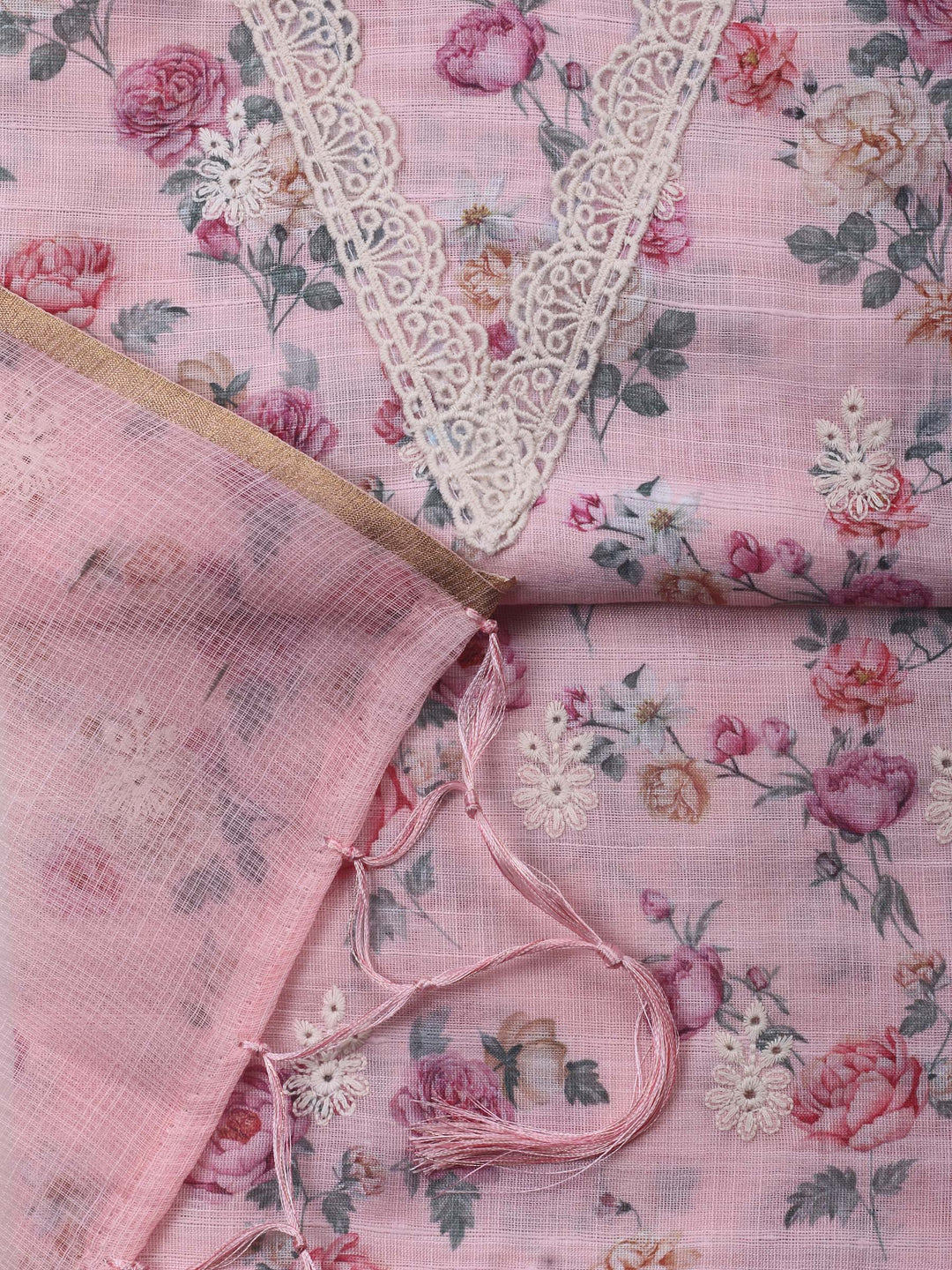 Pink Embroidery Linen Unstitched Dress Material