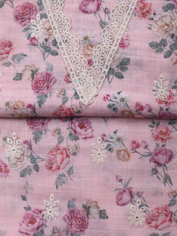 Pink Embroidery Linen Unstitched Dress Material