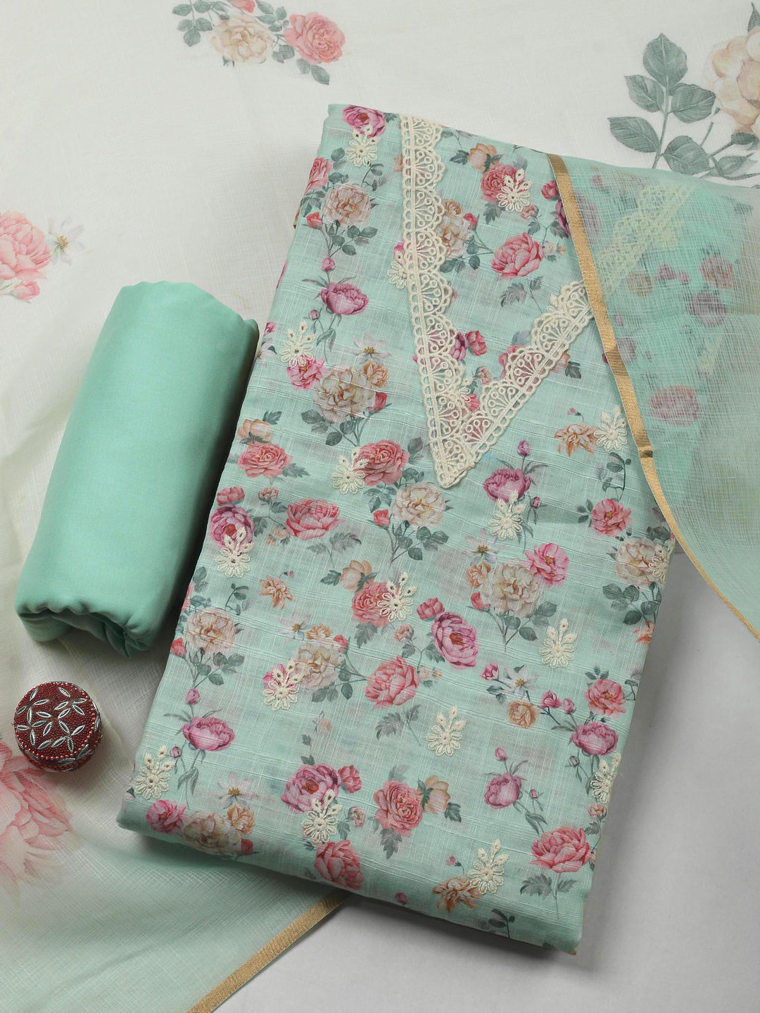 Sea Green Embroidery Linen Unstitched Dress Material