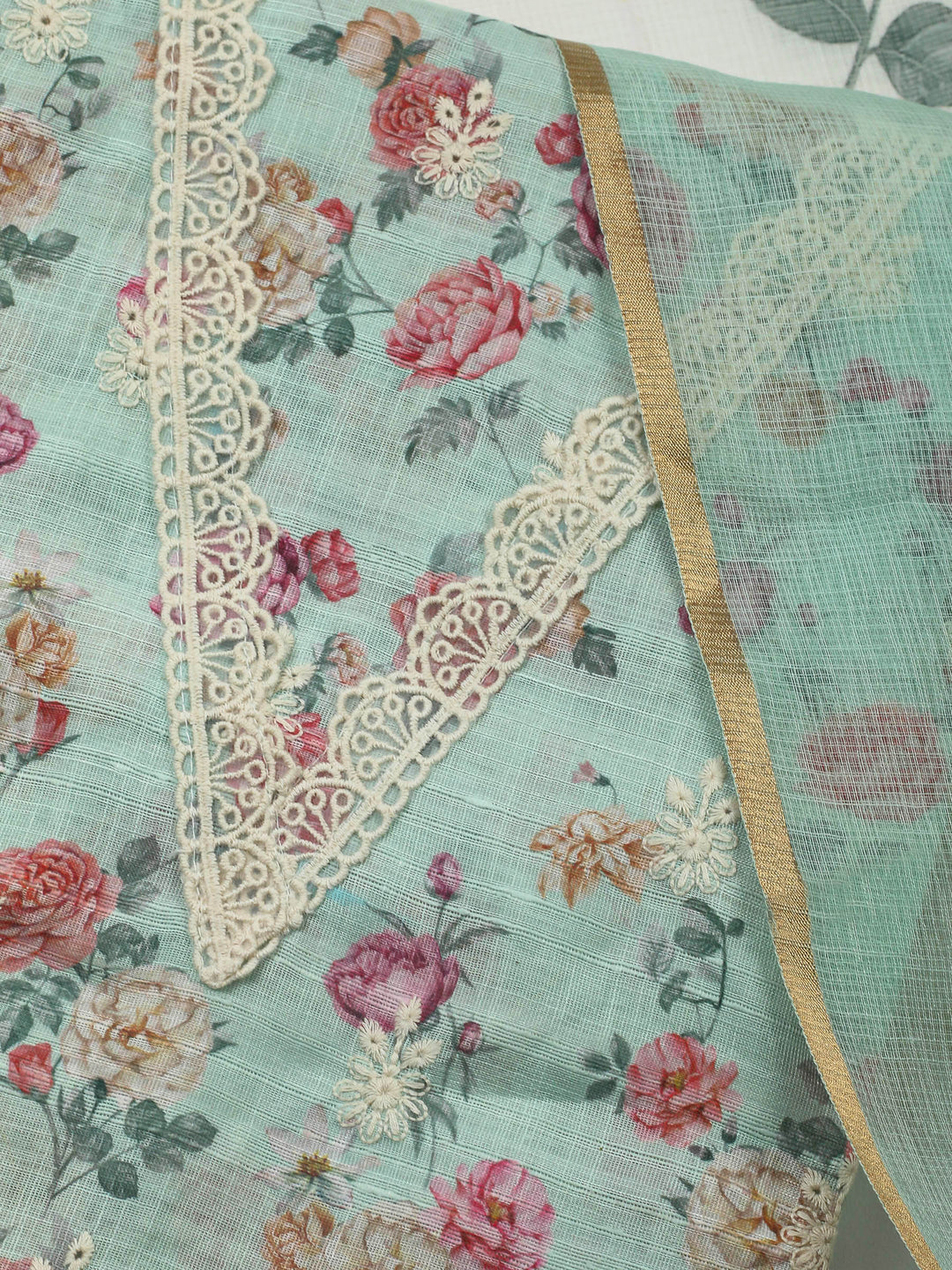 Sea Green Embroidery Linen Unstitched Dress Material