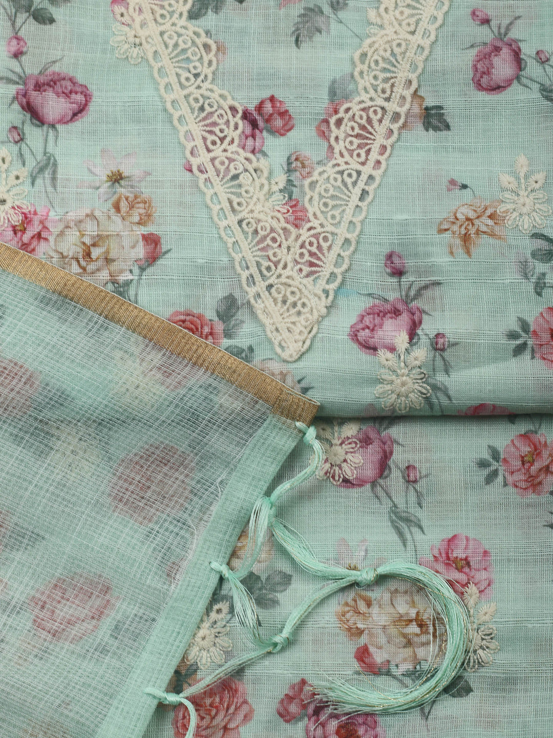 Sea Green Embroidery Linen Unstitched Dress Material