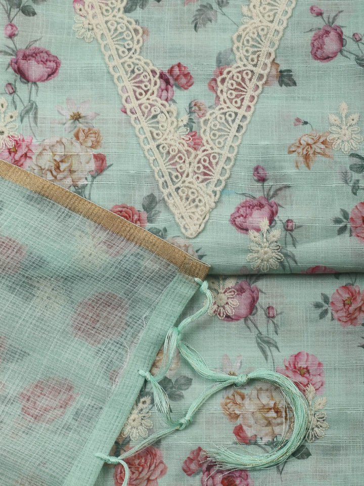 Sea Green Embroidery Linen Unstitched Dress Material