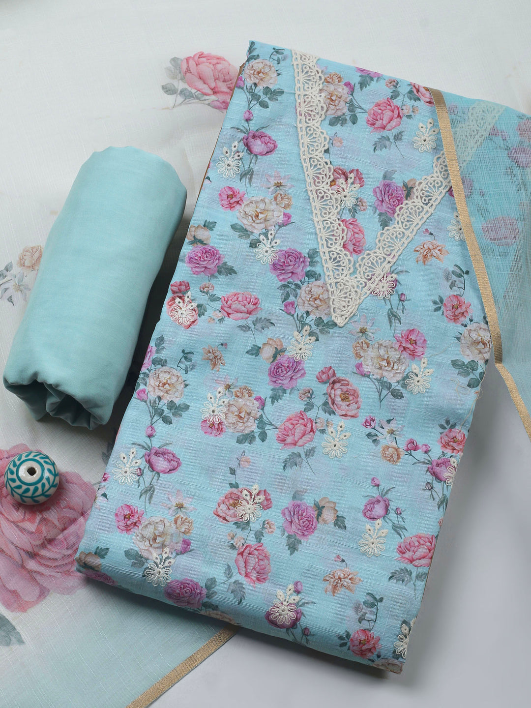 Sky Blue Embroidery Linen Unstitched Dress Material