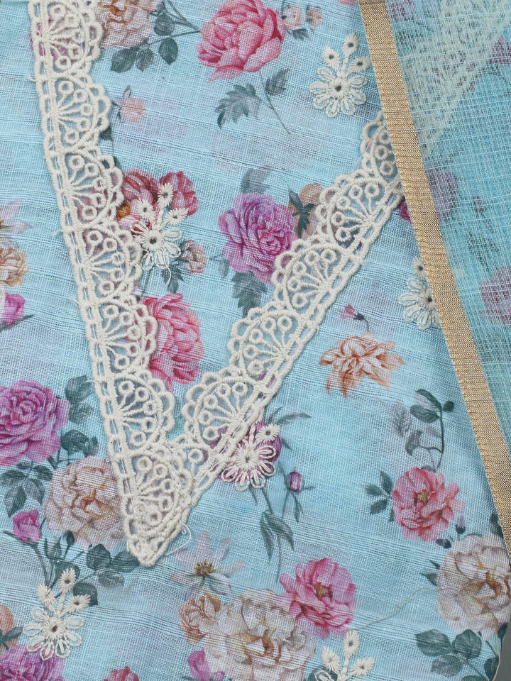 Sky Blue Embroidery Linen Unstitched Dress Material