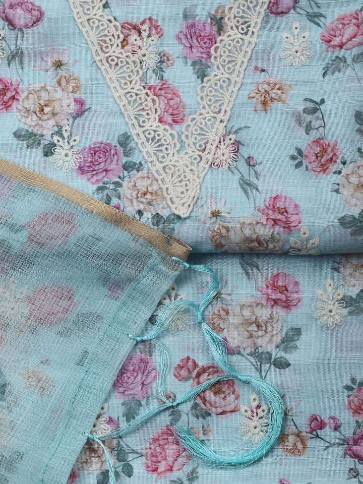 Sky Blue Embroidery Linen Unstitched Dress Material
