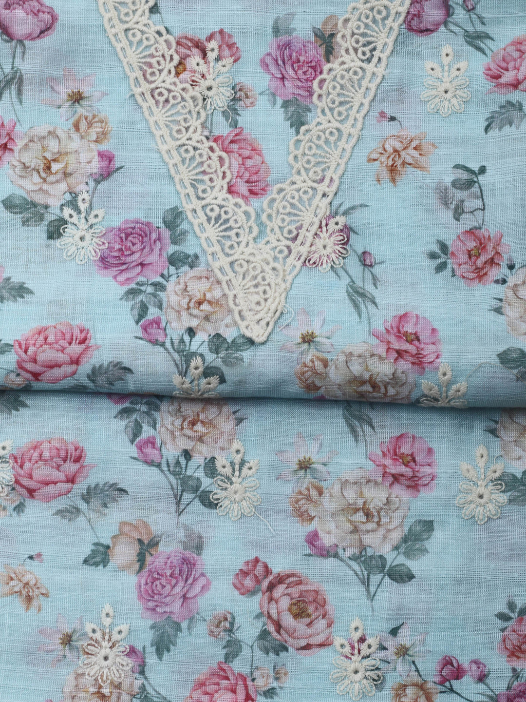 Sky Blue Embroidery Linen Unstitched Dress Material