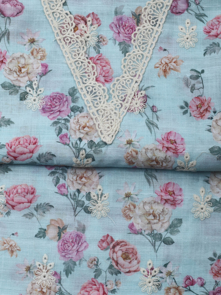 Sky Blue Embroidery Linen Unstitched Dress Material