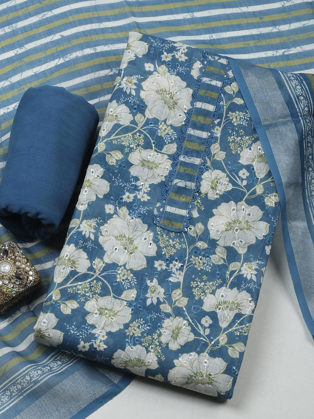 Blue  Cotton Unstitched Dress Material