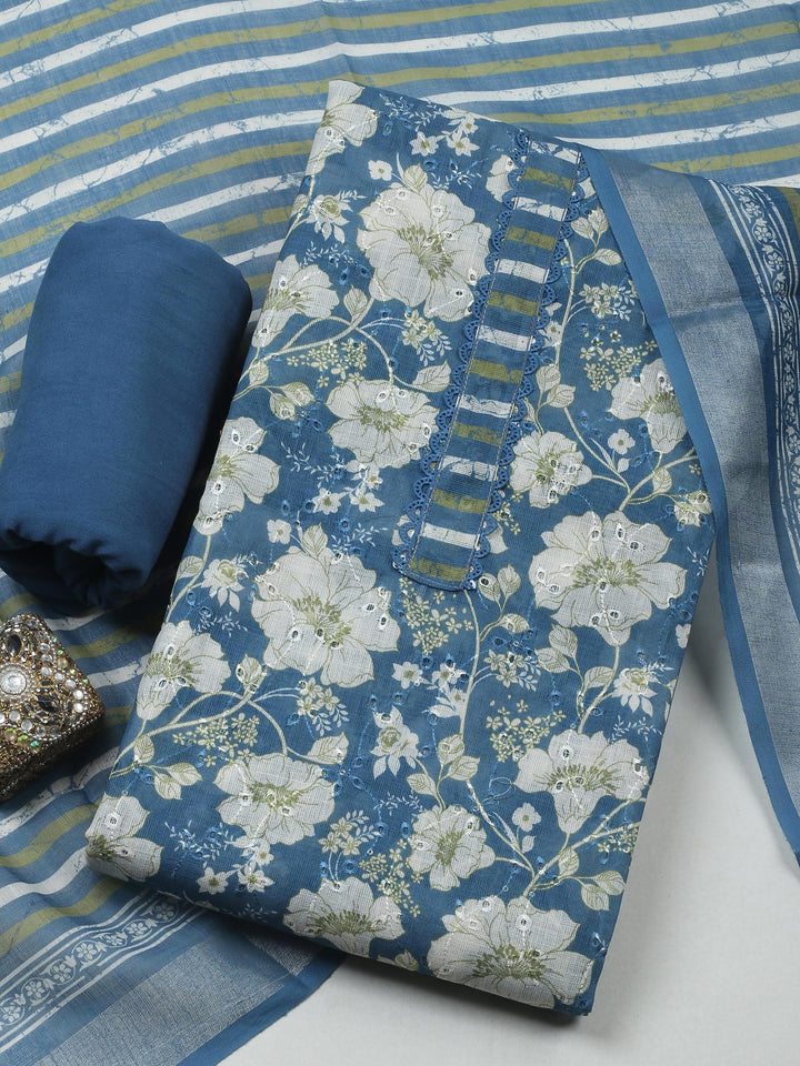 Blue  Cotton Unstitched Dress Material