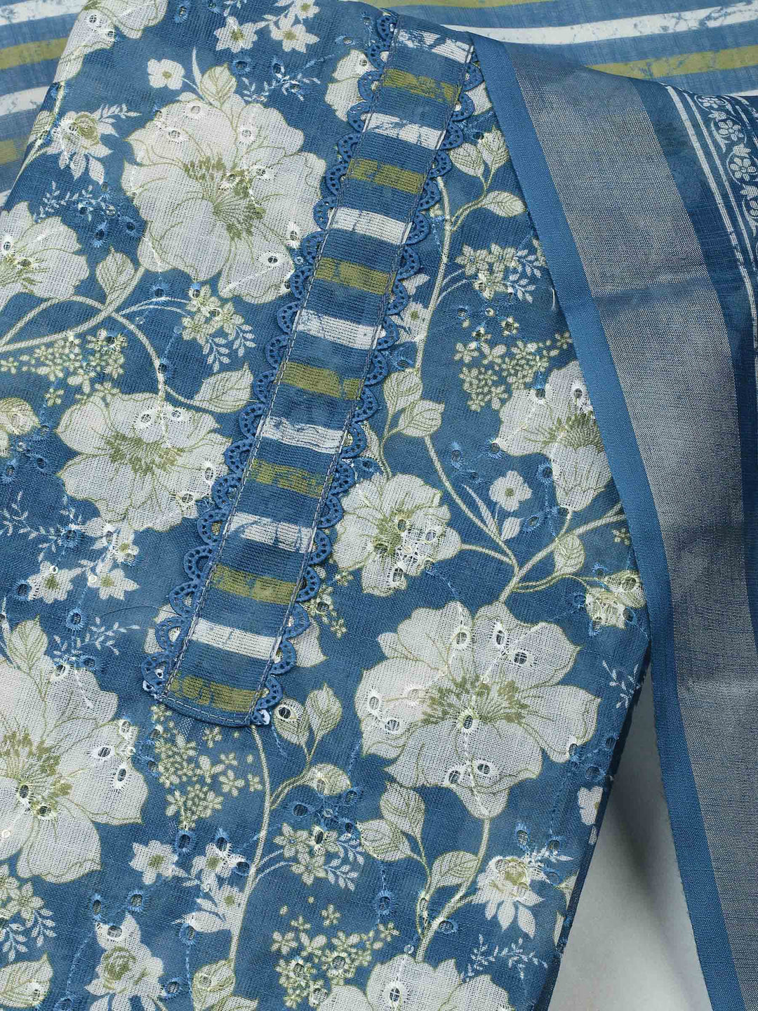 Blue  Cotton Unstitched Dress Material