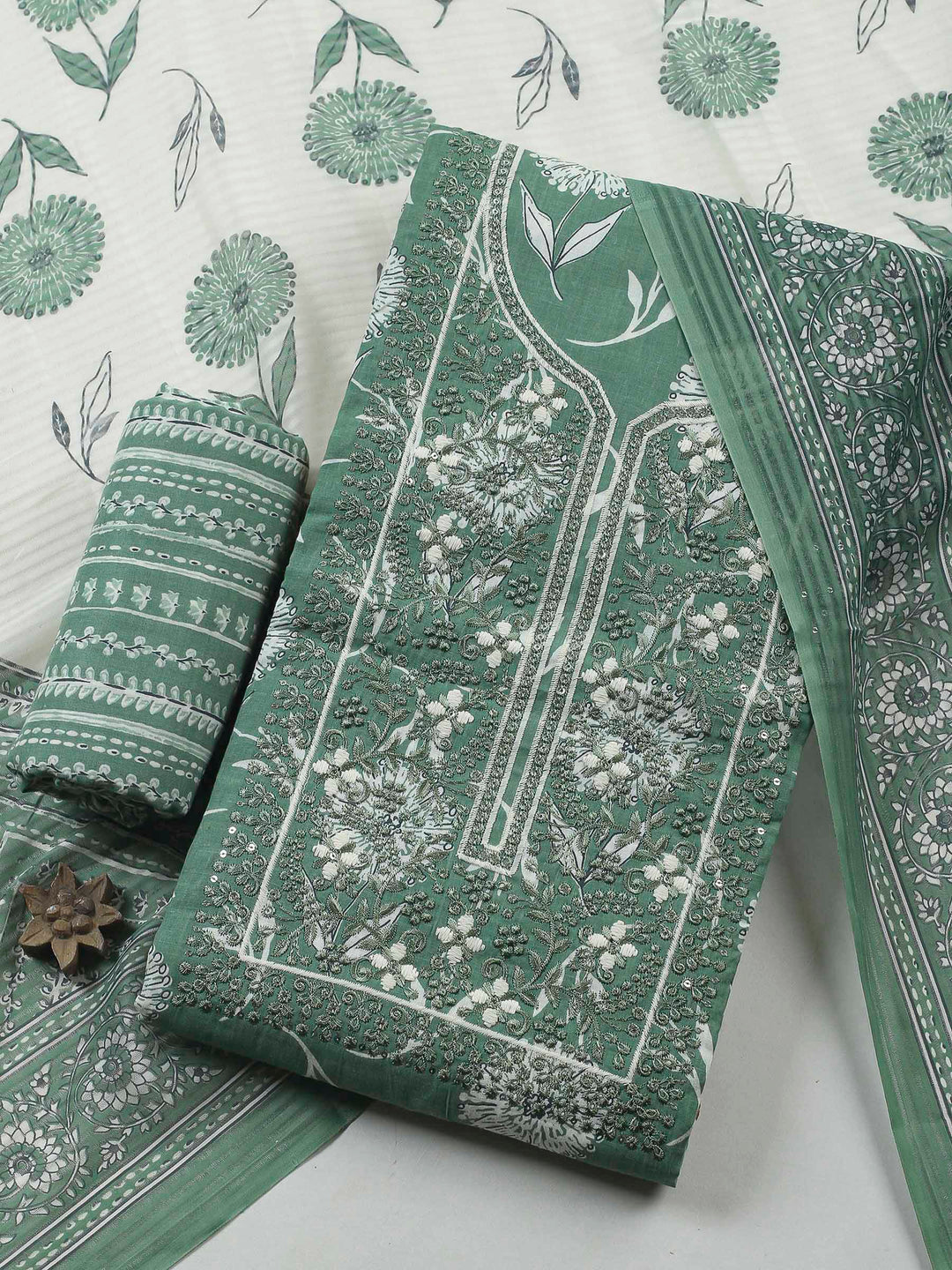 Green Embroidery Cotton Blend Unstitched Dress Material