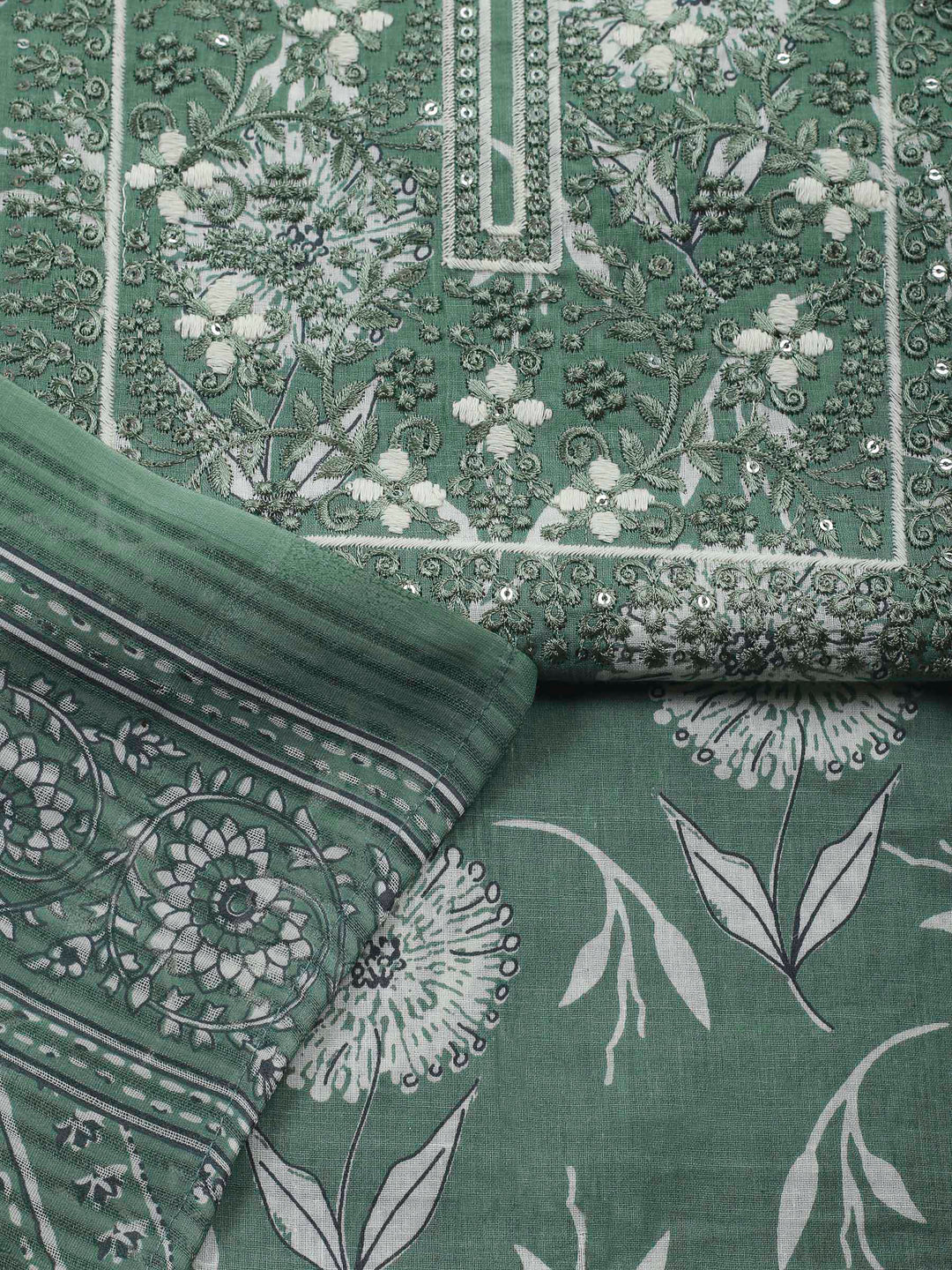 Green Embroidery Cotton Blend Unstitched Dress Material