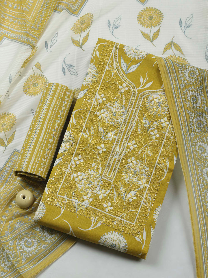 Mustard Embroidery Cotton Blend Unstitched Dress Material