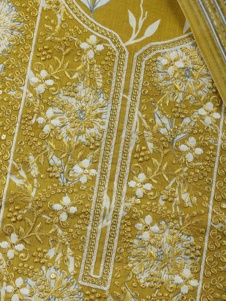 Mustard Embroidery Cotton Blend Unstitched Dress Material