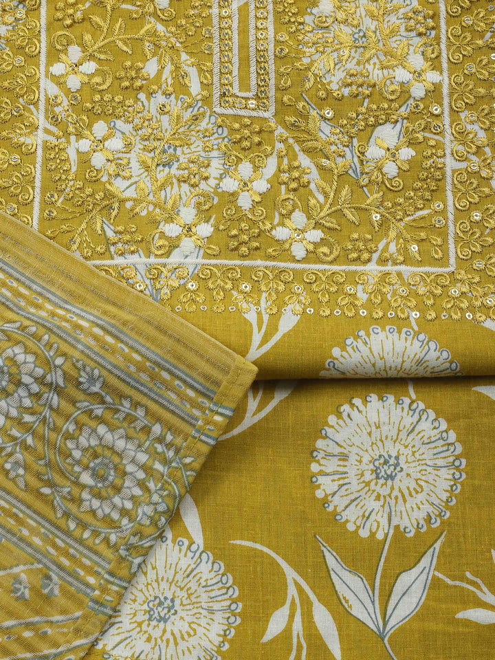 Mustard Embroidery Cotton Blend Unstitched Dress Material