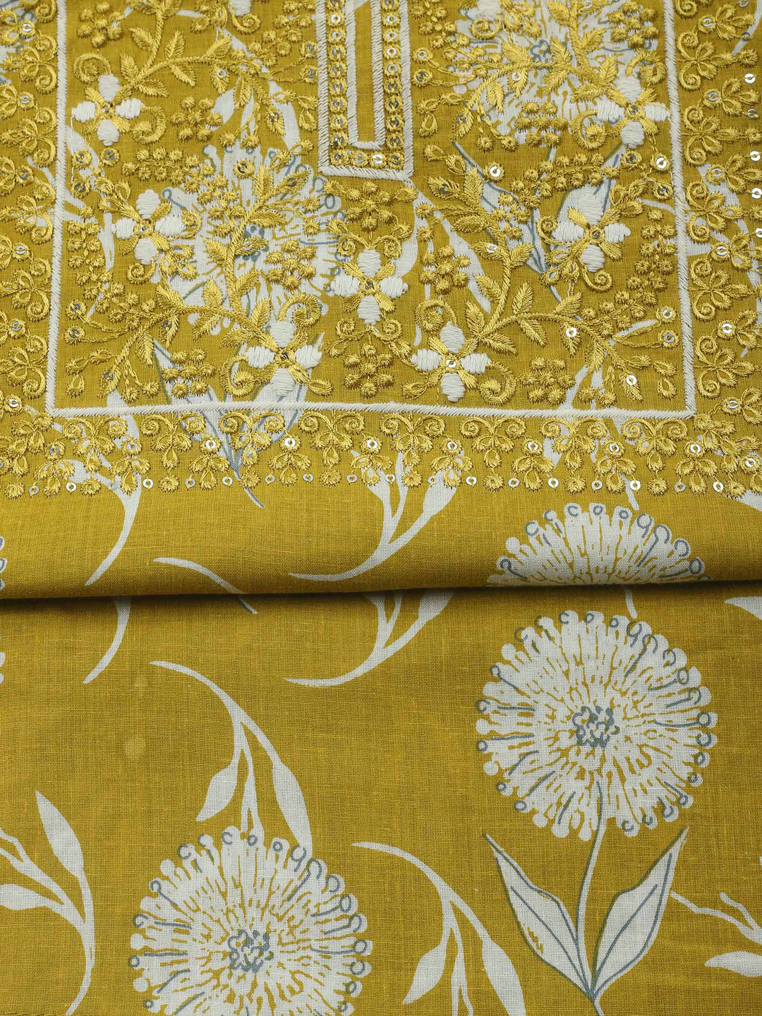 Mustard Embroidery Cotton Blend Unstitched Dress Material