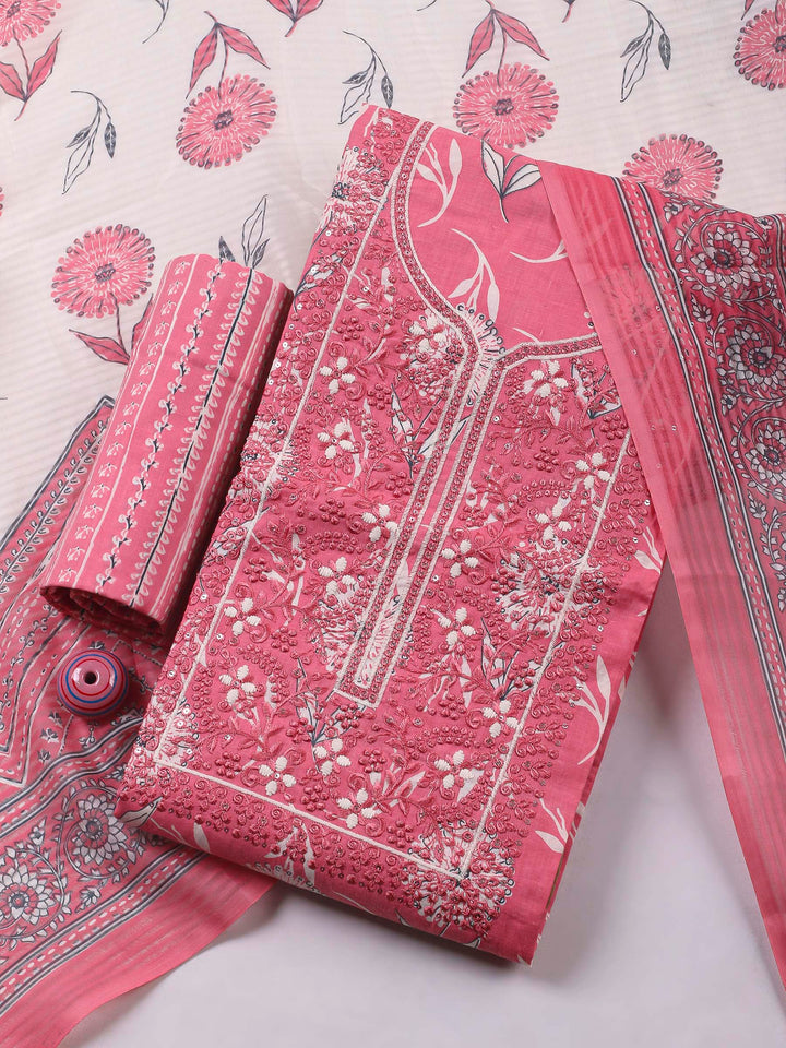 Pink Embroidery Cotton Blend Unstitched Dress Material