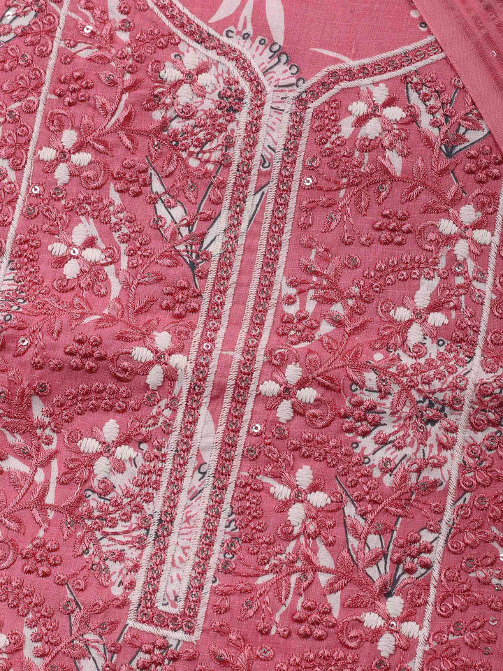Pink Embroidery Cotton Blend Unstitched Dress Material