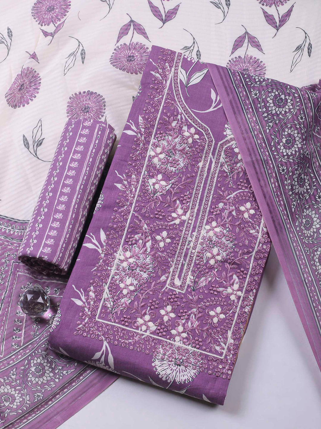 Purple Embroidery Cotton Blend Unstitched Dress Material
