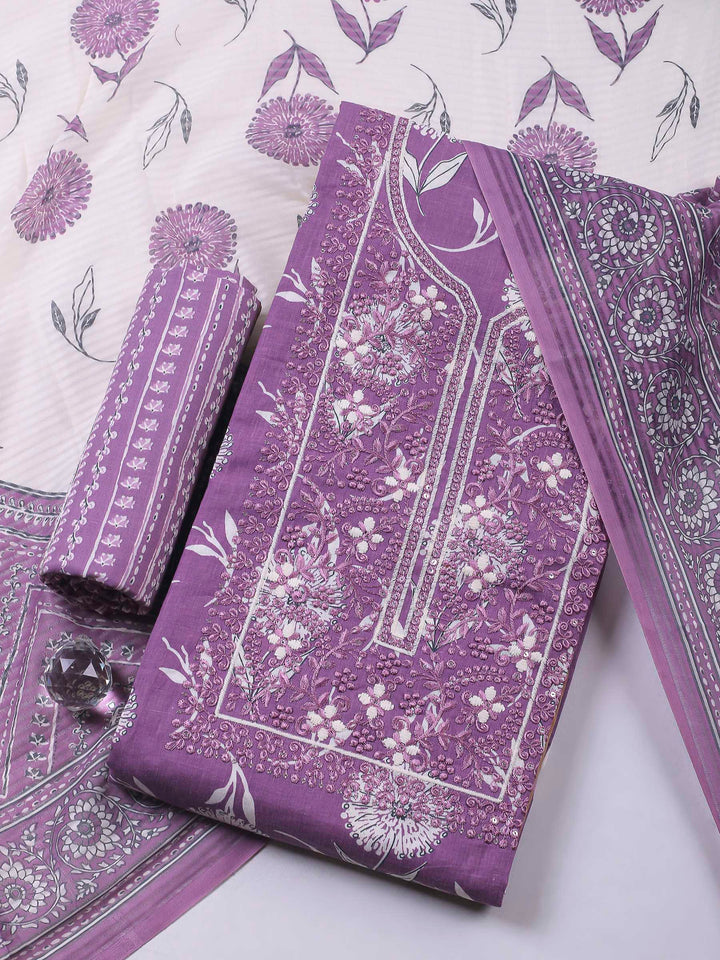 Purple Embroidery Cotton Blend Unstitched Dress Material