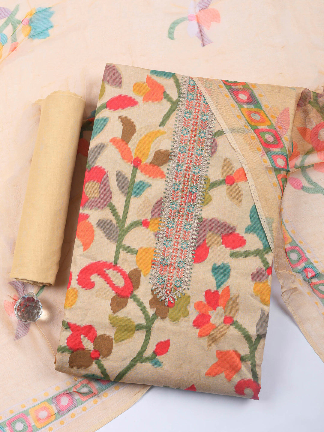 Beige Printed Cotton Blend Unstitched Dress Material