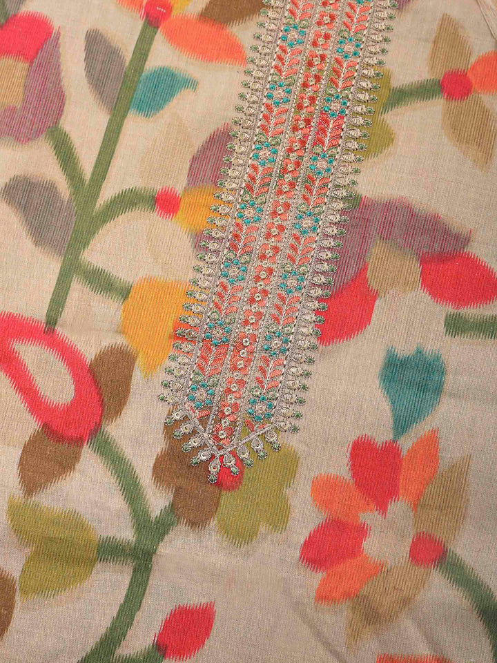 Beige Printed Cotton Blend Unstitched Dress Material