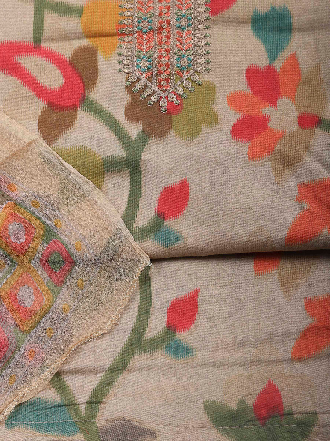 Beige Printed Cotton Blend Unstitched Dress Material
