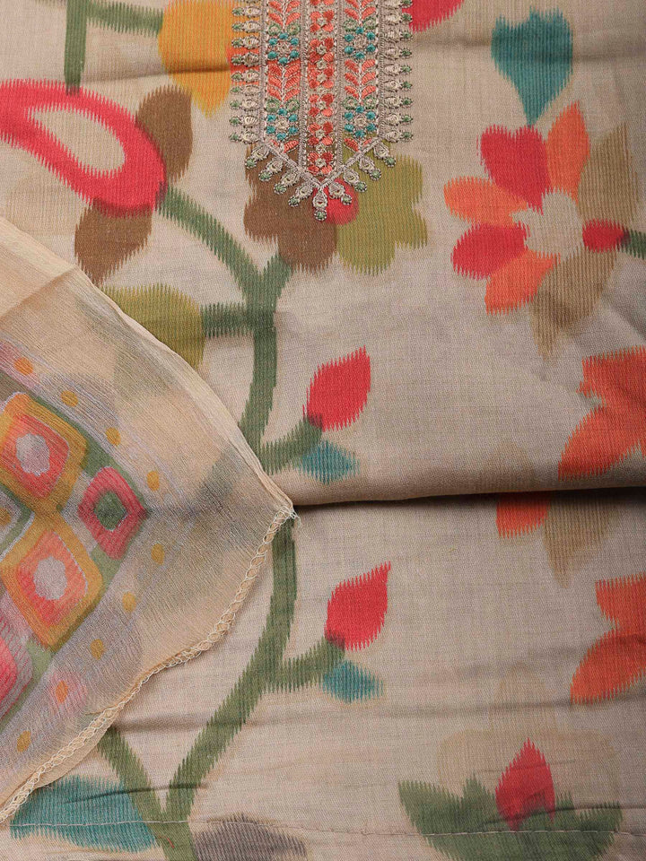 Beige Printed Cotton Blend Unstitched Dress Material