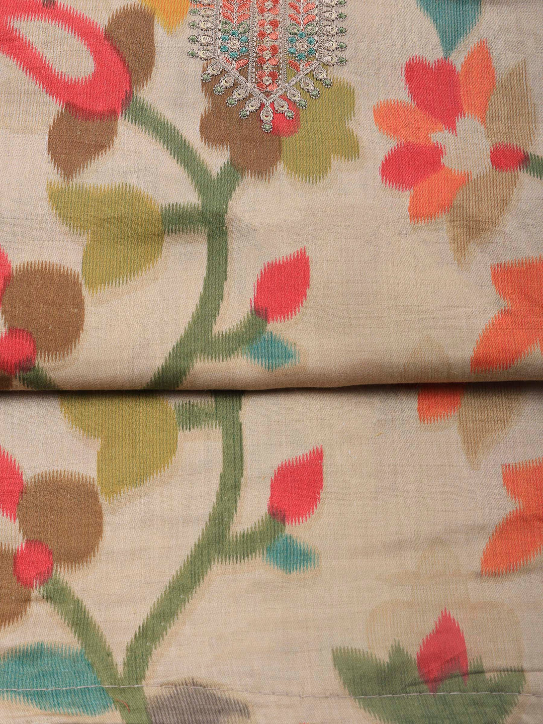 Beige Printed Cotton Blend Unstitched Dress Material