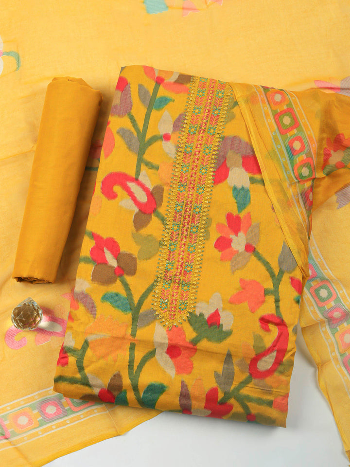 Mustard Printed Cotton Blend Unstitched Dress Material
