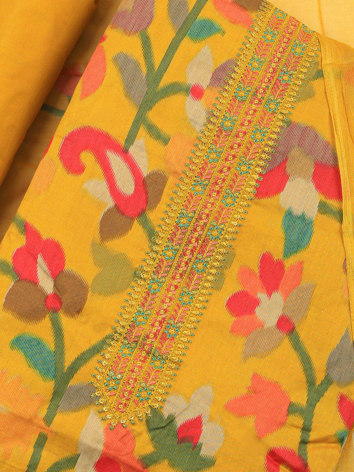 Mustard Printed Cotton Blend Unstitched Dress Material