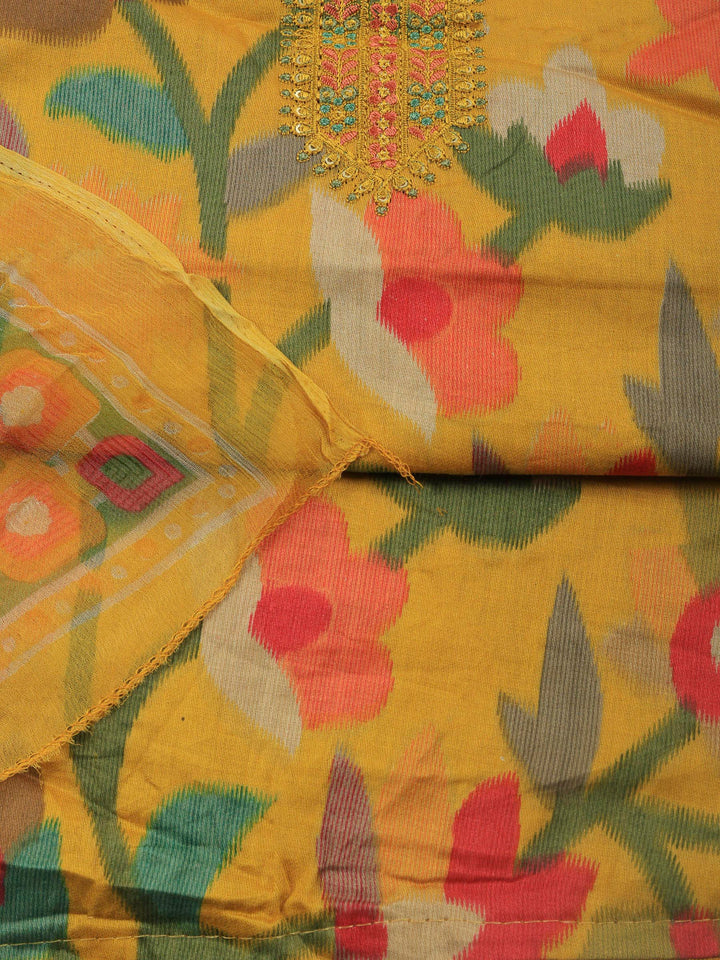 Mustard Printed Cotton Blend Unstitched Dress Material