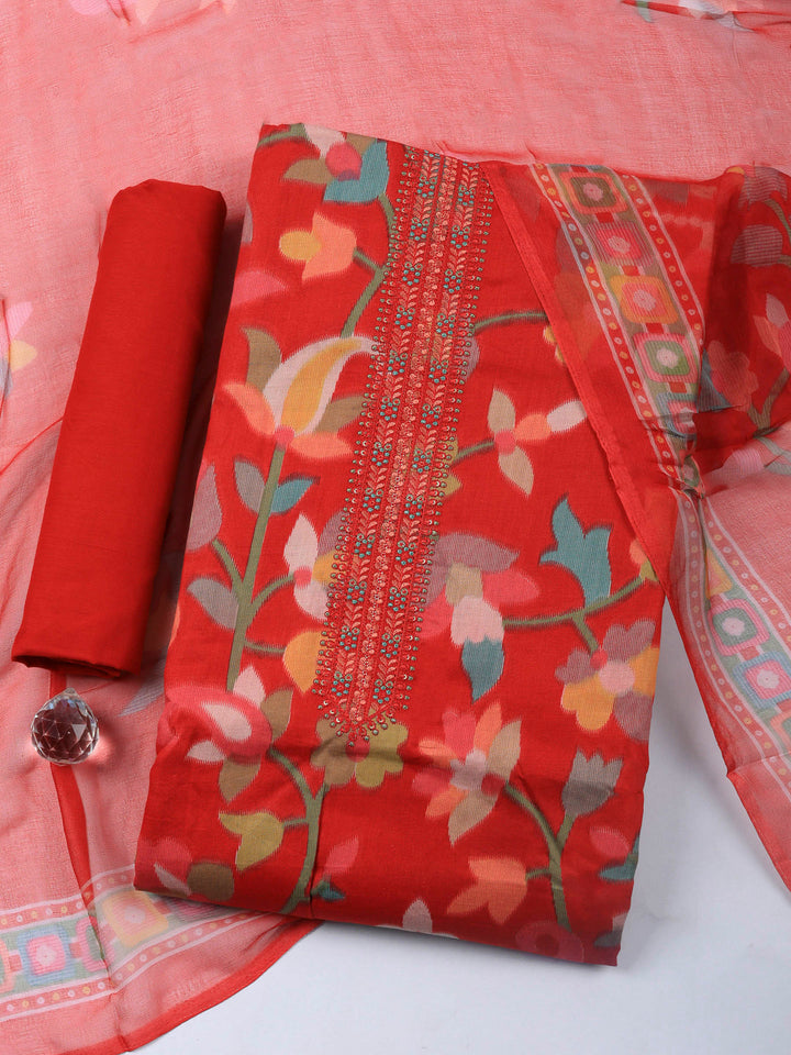 Red Printed Cotton Blend Unstitched Dress Material