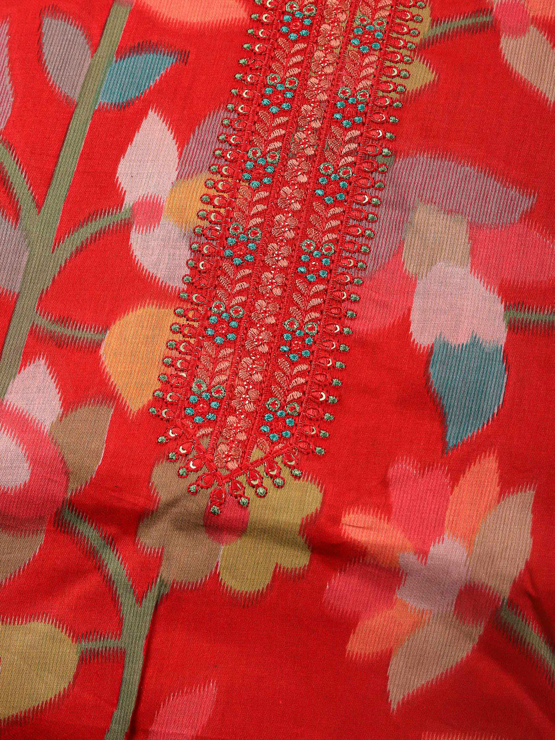 Red Printed Cotton Blend Unstitched Dress Material