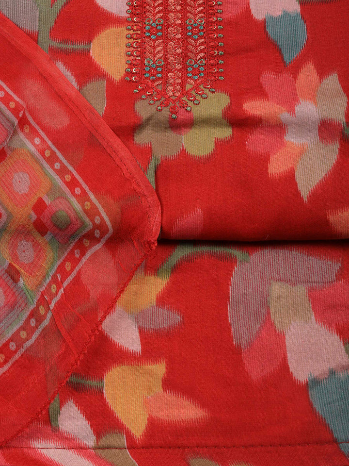 Red Printed Cotton Blend Unstitched Dress Material